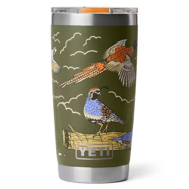Olive green YETI 20 oz Rambler tumbler featuring a colorful pheasant and quail wildlife graphic and MagSlider lid.