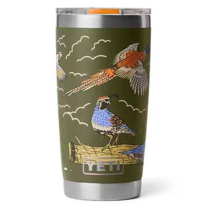 Olive green YETI 20 oz Rambler tumbler featuring a colorful pheasant and quail wildlife graphic and MagSlider lid.