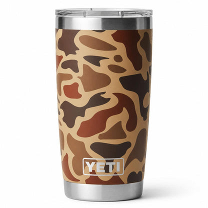 YETI 20 oz Rambler tumbler in brown camo print with a clear MagSlider lid and stainless steel base.