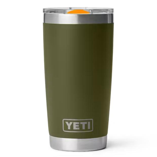 Olive green 20 oz YETI Rambler stainless steel tumbler with a clear MagSlider lid on a white background.