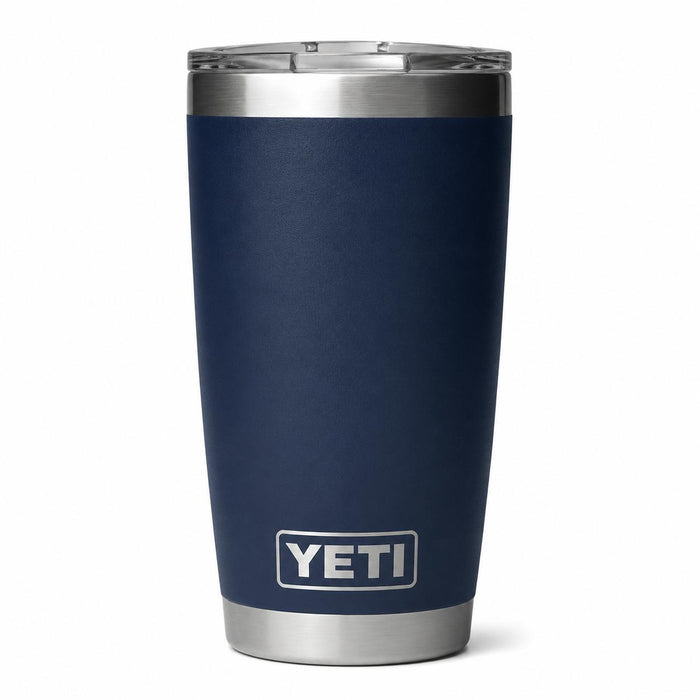 Navy blue 20 oz YETI Rambler tumbler in stainless steel with a clear MagSlider lid against a white background.