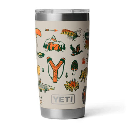 YETI 20 oz Rambler tumbler in tan with colorful outdoor-themed illustrations and a clear MagSlider lid.