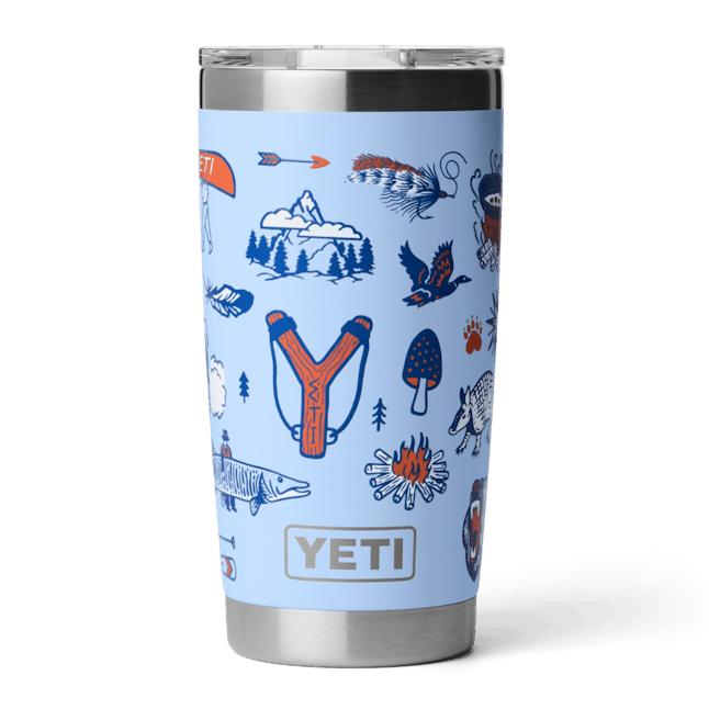 Light blue YETI 20 oz Rambler tumbler with outdoor-themed illustrations and a clear MagSlider lid.