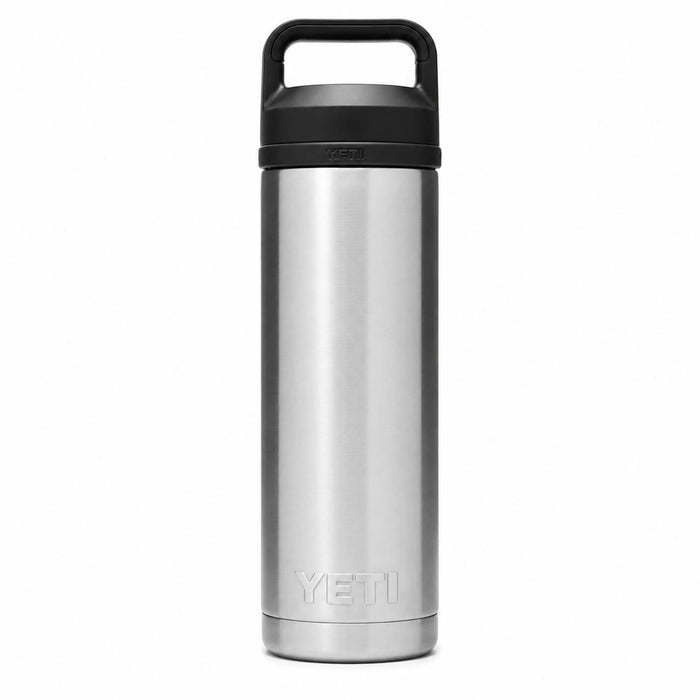 Stainless steel 18 oz YETI Rambler bottle with a black leakproof TripleHaul cap on a white background.