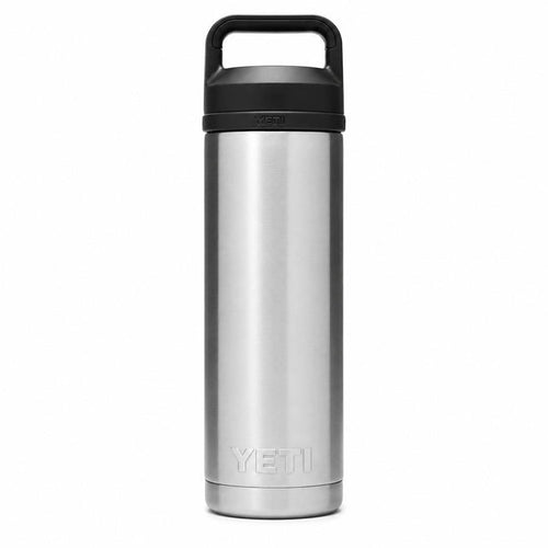 Stainless steel 18 oz YETI Rambler bottle with a black leakproof TripleHaul cap on a white background.