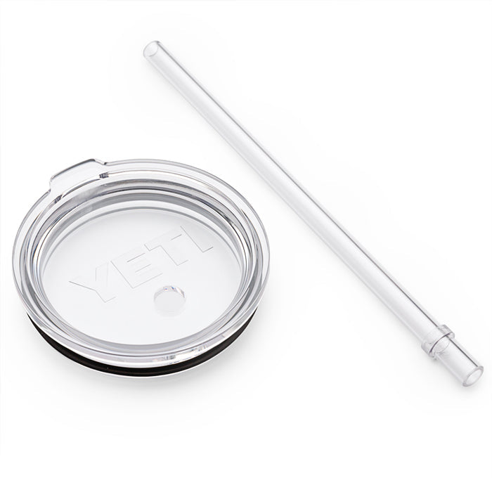 Clear YETI Rambler straw lid with a durable, wide-diameter reusable straw and molded-in stopper on a white background.